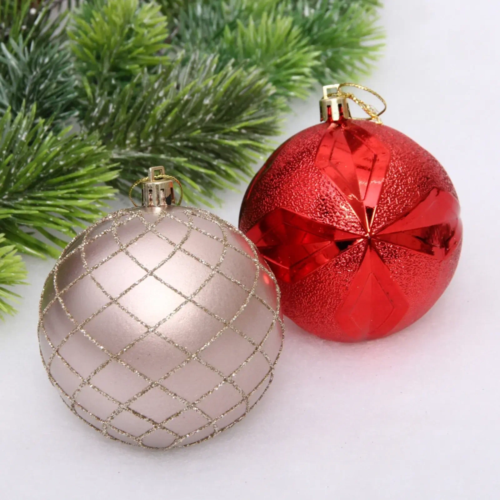 Новогодние шары «Снежный вальс» 8 см (набор 6 шт), Красный/Шампань