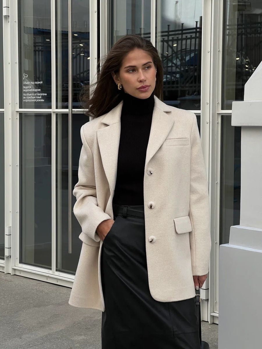 Пальто из смесовой шерсти укороченное в бежевую елочку