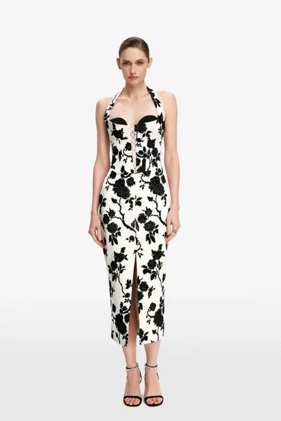 Платье миди из жаккарда c цветами и крепа со шнуровкой