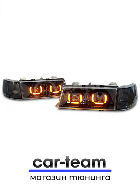 Фары ВАЗ 2110, 2111, 2112 передние с белыми галочками в стиле BMW ver 2.0 c Bi LED модулями, черная маска, тонированные поворотники