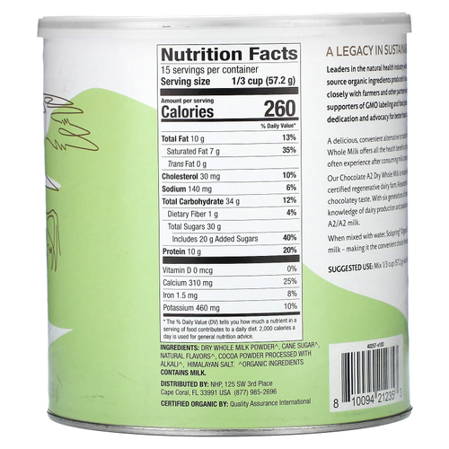 Dr. Mercola, Solspring®, органическое сухое цельное молоко А2, шоколад, 858 г (30,1 унции)