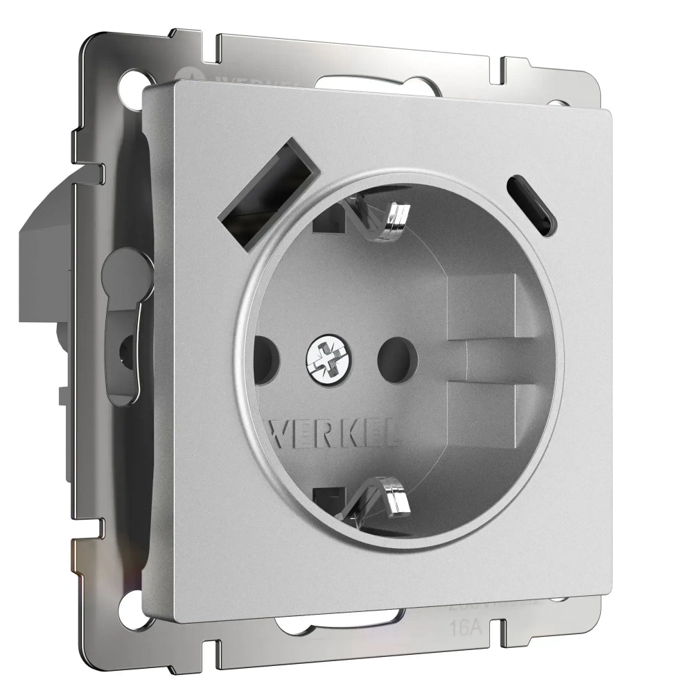 Розетка с заземлением, шторками и USB тип A+C(серебряный матовый) W1171765