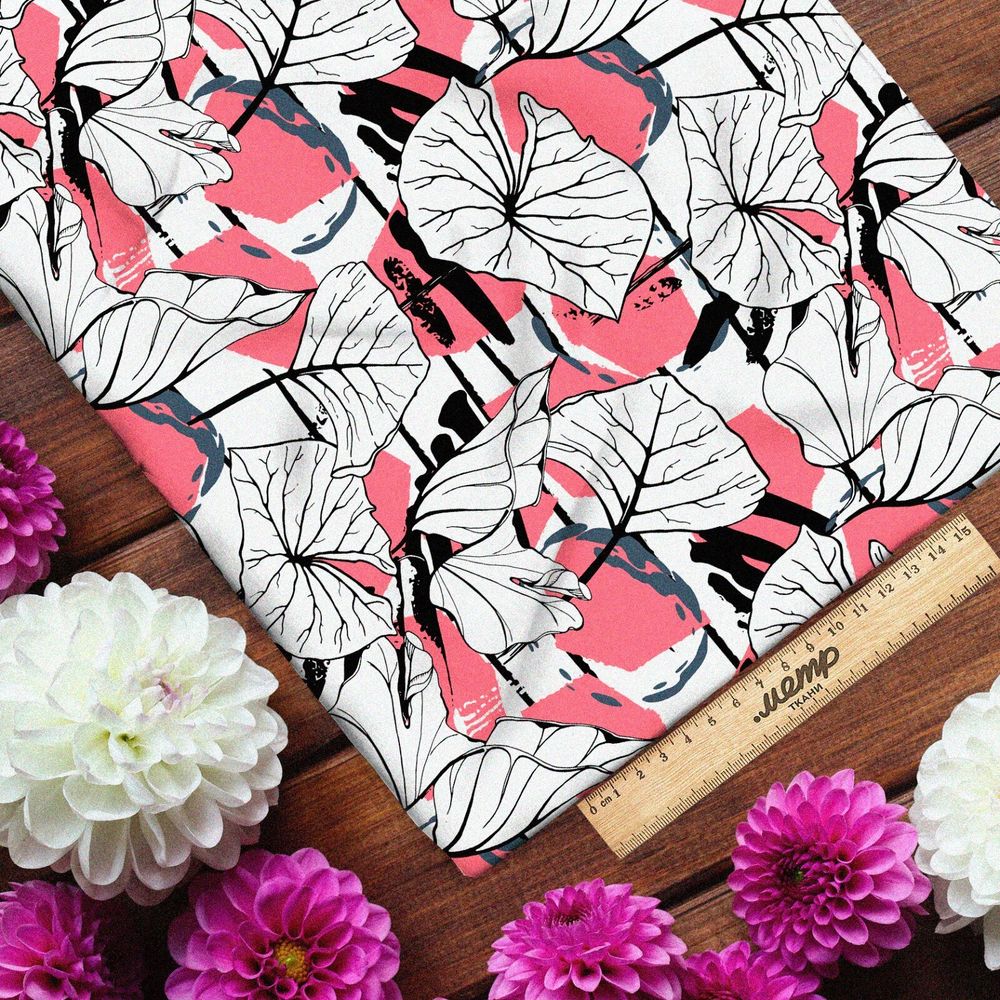 Ткань кулирная гладь широкие листья яркие