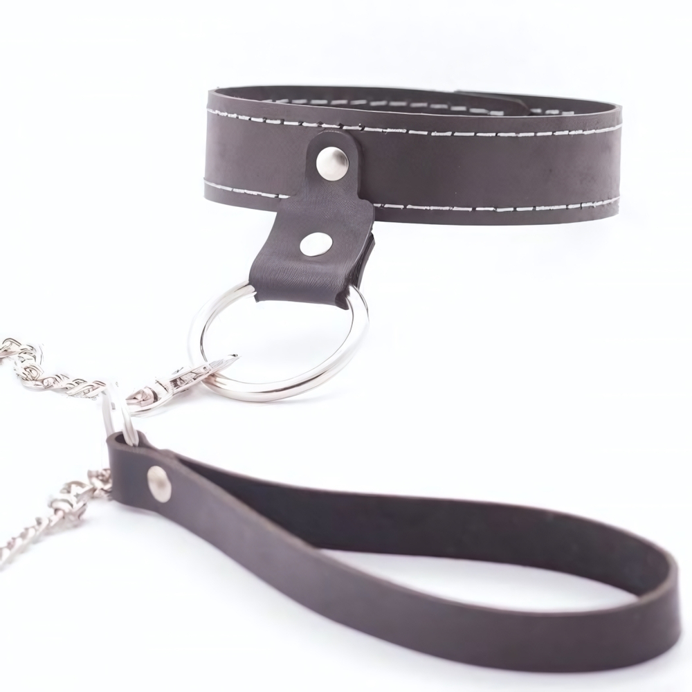 Узкий однослойный ошейник с поводком (Цвет: черный)