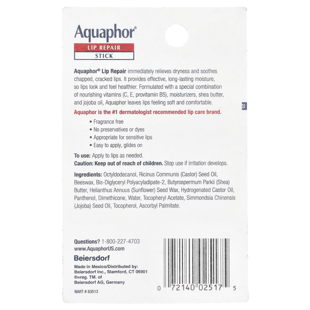 Aquaphor, стик для восстановления губ, мгновенное облегчение, 2 стика по 4,8 г (0,17 унции)