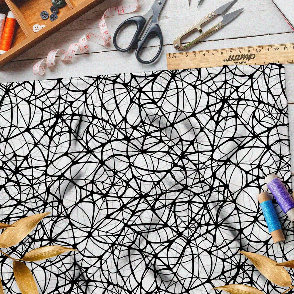 Ткань мембрана мелкая чёрная паутина на белом фоне