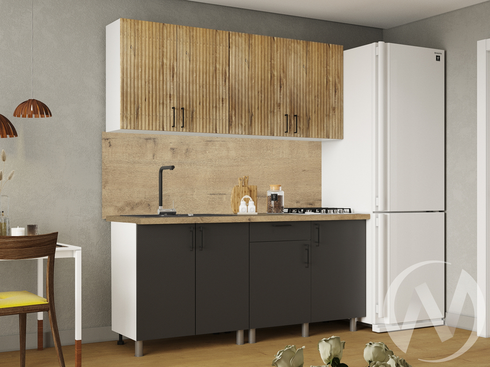 Кухня Грейс 1.8м (корпус белый/дуб канадский; карбон вулкан) 38мм дуб бунратти