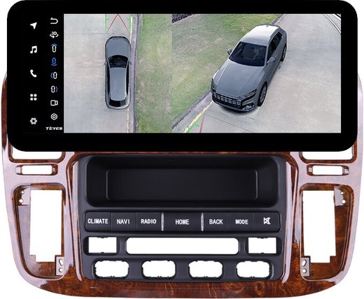 Магнитола для Toyota Land Cruiser 100, Lexus LX470 1998-2002 (климат на ШГУ, рамка дерево) - Teyes LUX ONE 360 монитор 12.3" 2K QLED на Android 10, 6Гб+128Гб, CarPlay, 4G SIM-слот, 4 камеры в комплекте