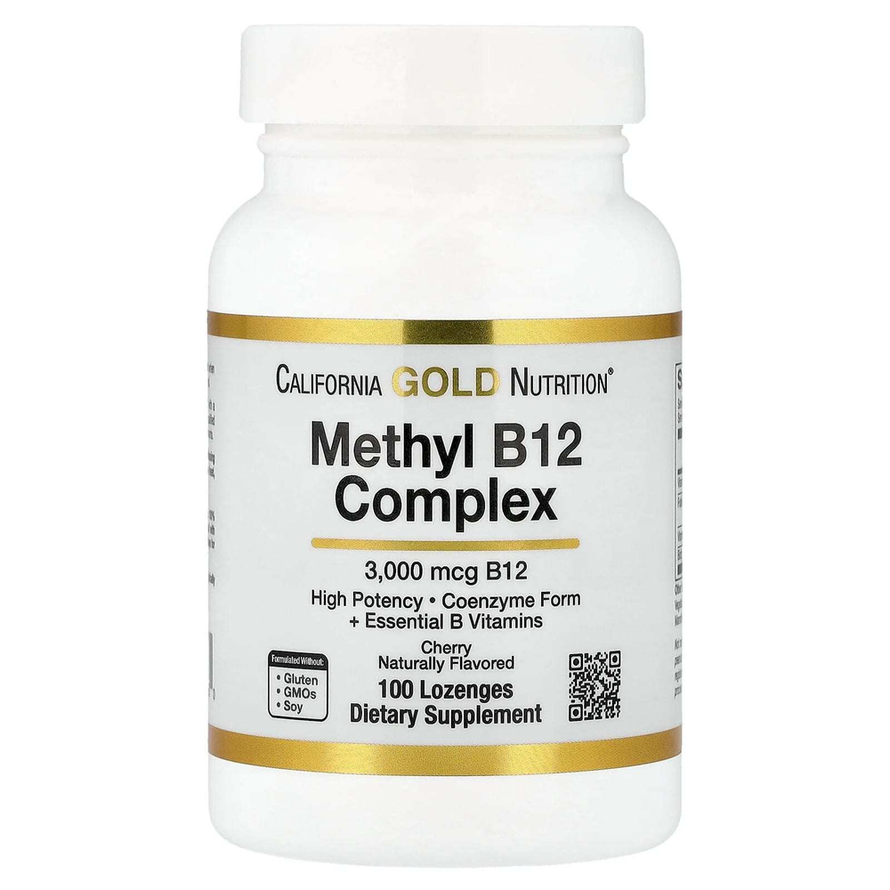 California Gold Nutrition, витамин B12 в виде метилкобаламина с фолатом, биотином и витамином B6, вишня, 100 пастилок