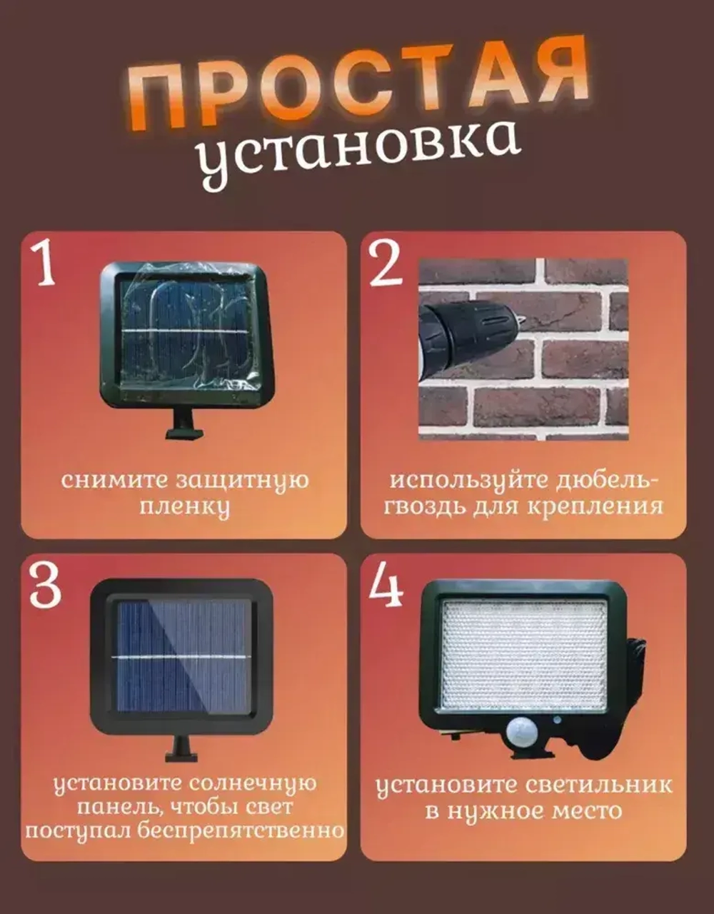 Светильник на солнечной батарее фасадный, с датчиком движения, пульт в комплекте