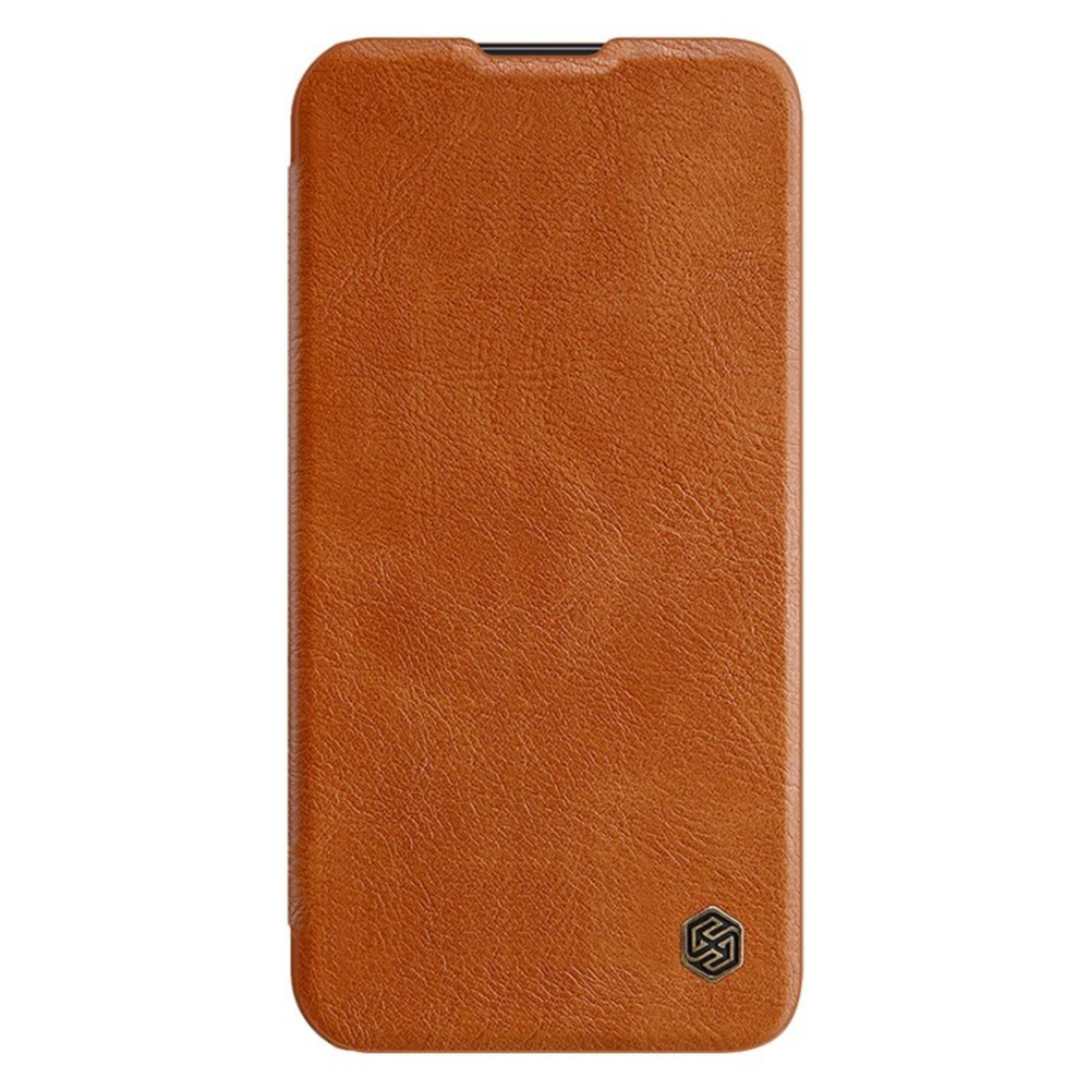 Кожаный чехол книжка коричневого цвета от Nillkin для Samsung Galaxy S22, серия Qin Pro Leather с защитной шторкой для камеры