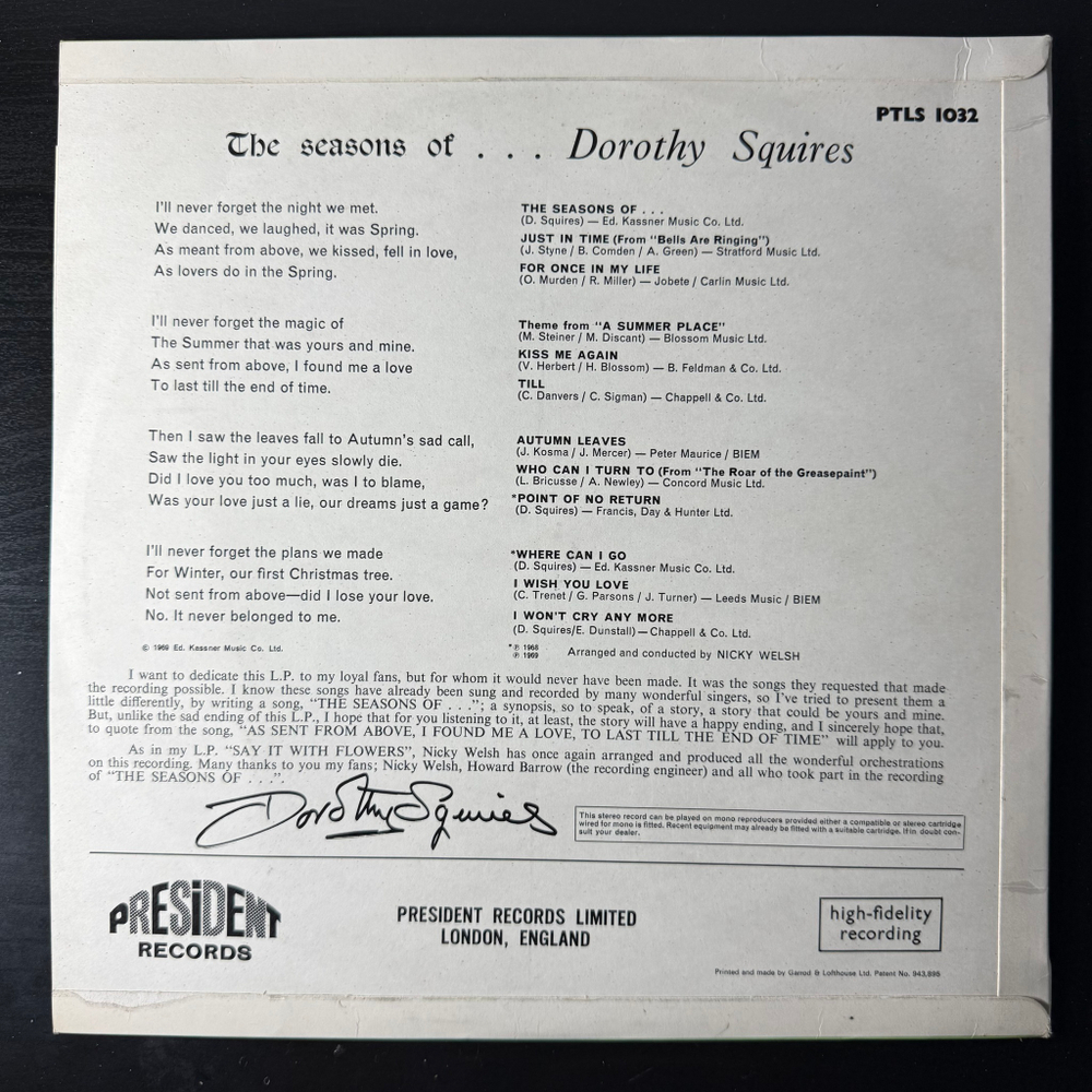 Dorothy Squires ‎– The Seasons Of Dorothy Squires (Англия 1969г.)