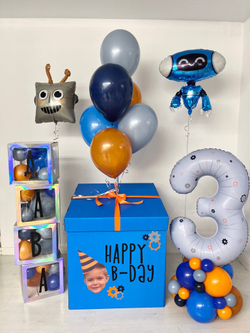 Воздушные шары на день рождения мальчика робот коробка сюрприз синий/пыльно голубой №3830