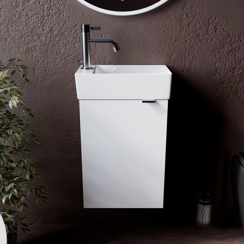 Тумба подвесная под раковину Sancos Mini, левая, белый глянец 355х205х500