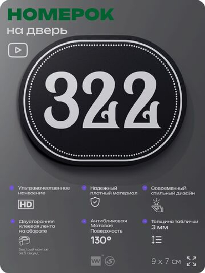 Номерок на дверь квартиры 322, для кабинета, офиса, шильдик 9 х 7 см, черный, Айдентика Технолоджи