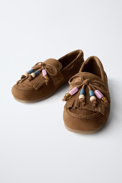 ZARA ЛОФЕРЫ С ДЕКОРАТИВНЫМИ БУСИНАМИ, КОРИЧНЕВЫЙ