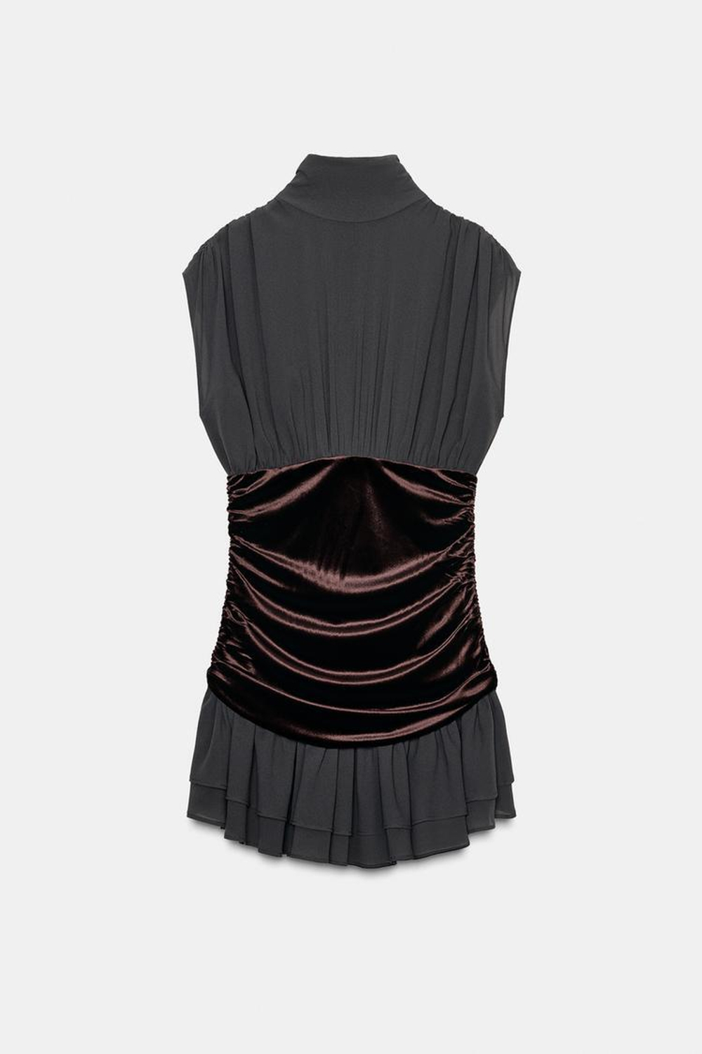 ZARA КОРОТКОЕ ПЛАТЬЕ С ВОЛАНАМИ ИЗ БАРХАТА, ТЕМНЫЙ СВИНЕЦ