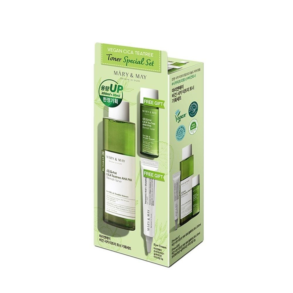 Набор для лица с чайным деревом MARY&MAY Vegan Cica Teatree Toner Special Set 200 мл + 30 мл +12 гр