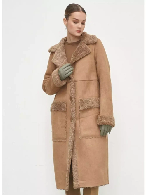 Эко дубленка женская длинная из искусственного меха, коричневая, SilverFox