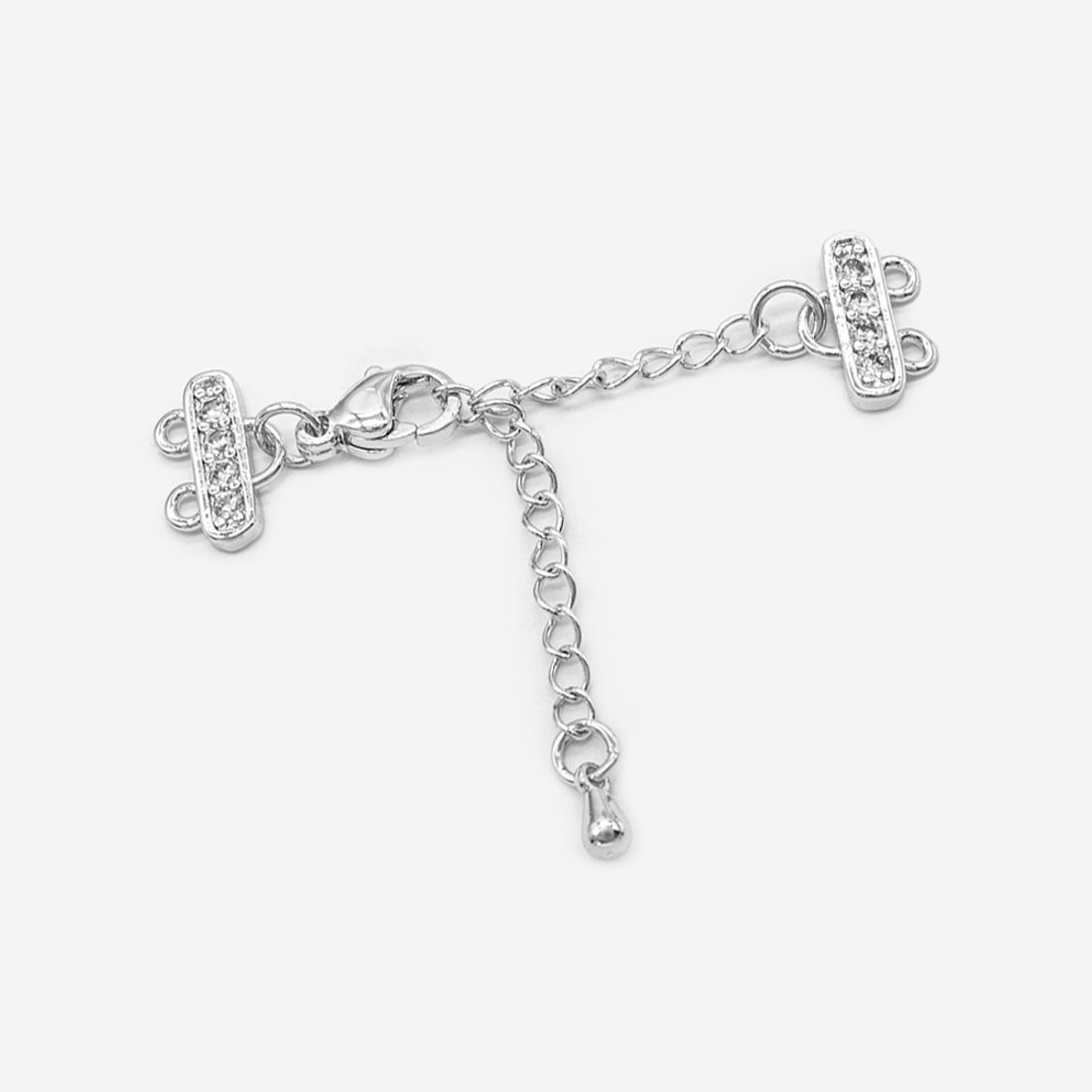 Замочек многорядный, две петли, соединительная цепочка 50мм, подвеска капля, фианиты, родирование