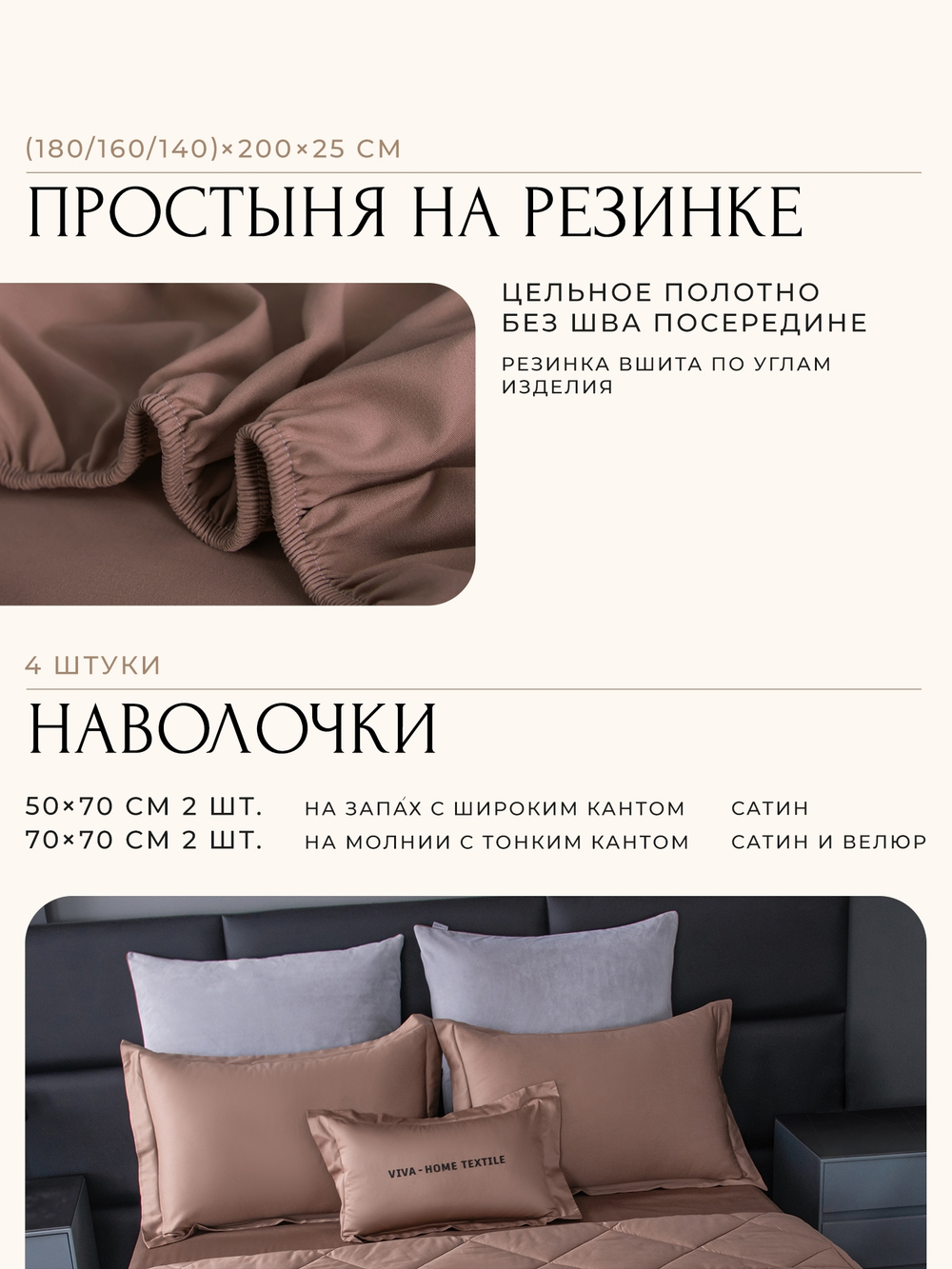 КПБ на резинке Сатин Velvet Premium с Одеялом VPR003, Евро, 4 наволочки, простынь 140*200*25