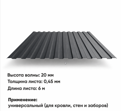 Профлист НС 20  (Н-0,45)  6 м РАЛ 7024 Графитовый серый