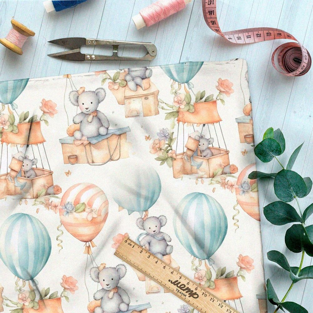 Ткань премиум шифон милые зверьки на воздушных шарах