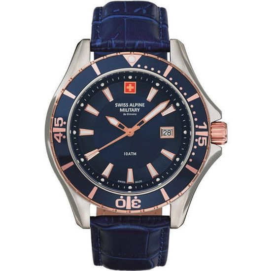 С ремешком Мужские наручные часы с синим кожаным ремешком Swiss Alpine Military 7040.1555 mens watch 44mm 10ATM
