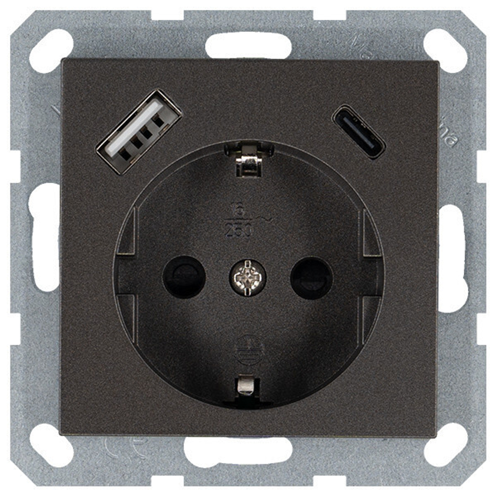 Розетка SCHUKO© с USB A+C с защитными шторками 16A 250V~ 2P+T USB 25W, цвет Мокко