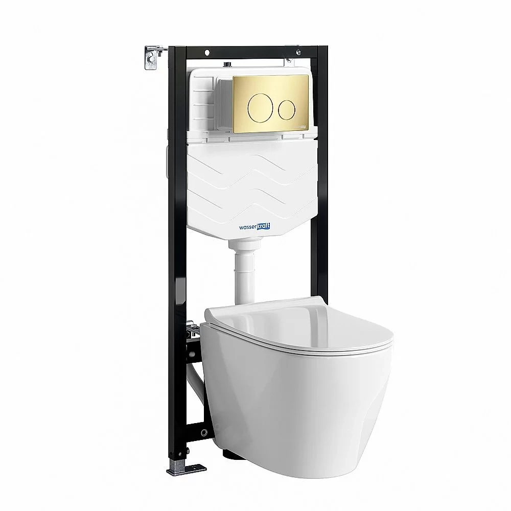 Унитаз подвесной WasserKRAFT Mindel 10TLT.010.ME.PG02.H002 безободковый, с инсталляцией Aller 10, с крышкой микролифт, белый/кнопка золото глянцевое