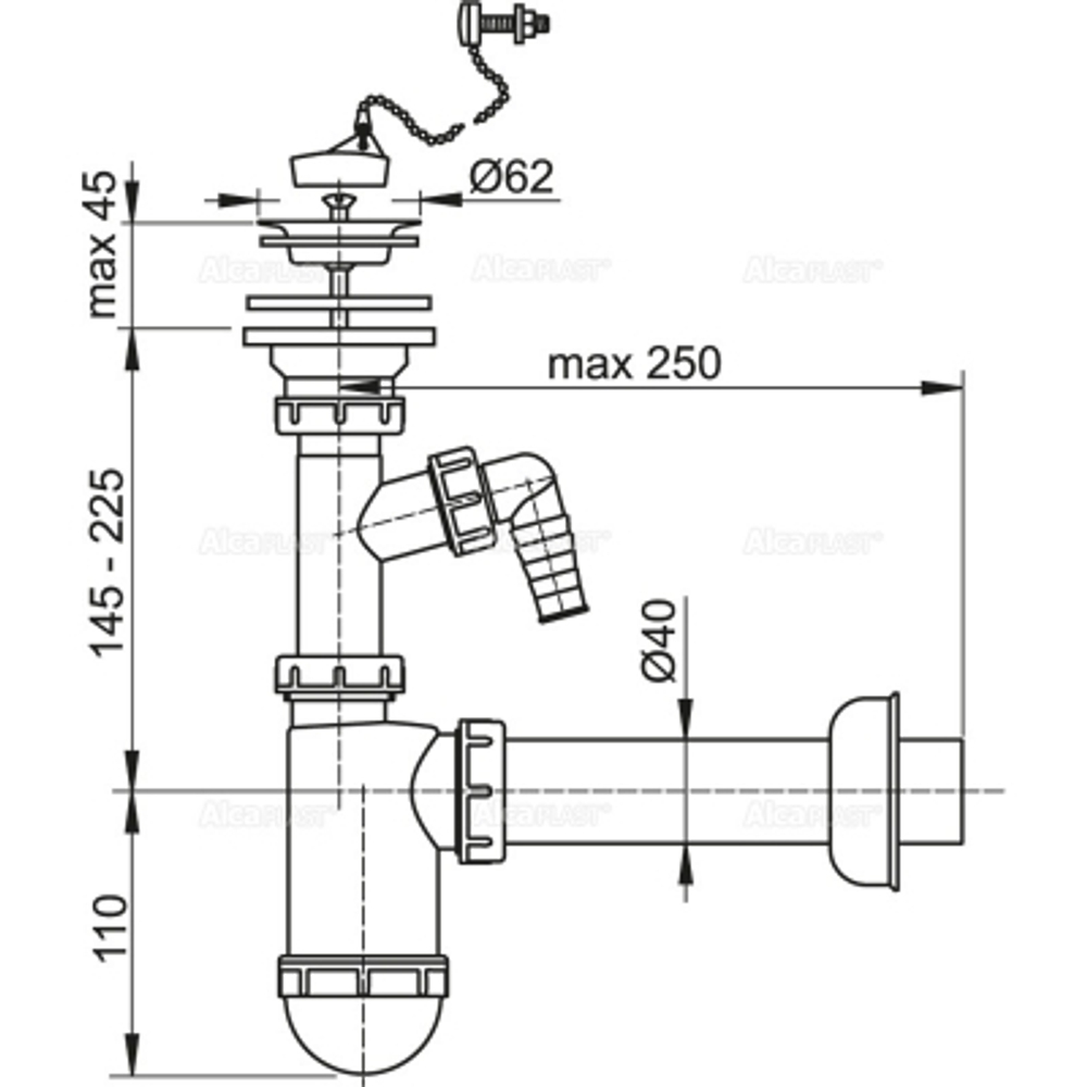 A41PR Сифон для умывальника D40 с подводкой, с нержавеющей peшeткой D63, с цепочкой