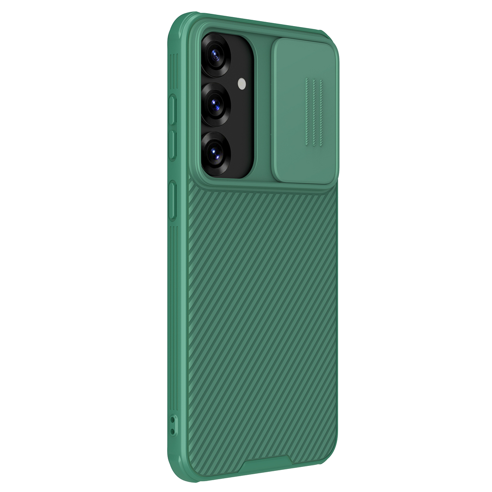 Чехол зеленого цвета (Dark Green) с защитной шторкой для камеры от Nillkin на Samsung Galaxy S25+ Плюс, серия CamShield Pro Case