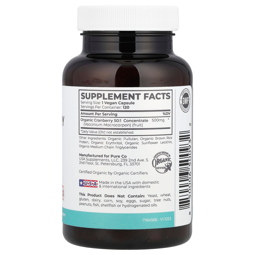 Pure Co., Органический концентрат клюквы, 500 мг, 120 веганских капсул
