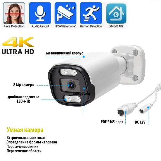 ASECAM 4K POE Ai уличная IP камера 8Mp POE с определением лица и формы человека, 8мм