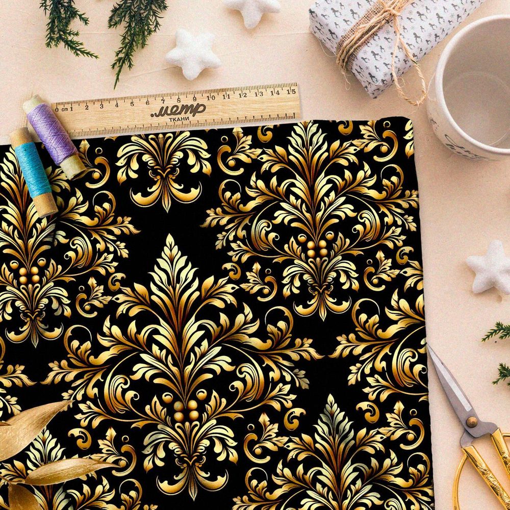 Ткань премиум шифон золотой орнамент на черном