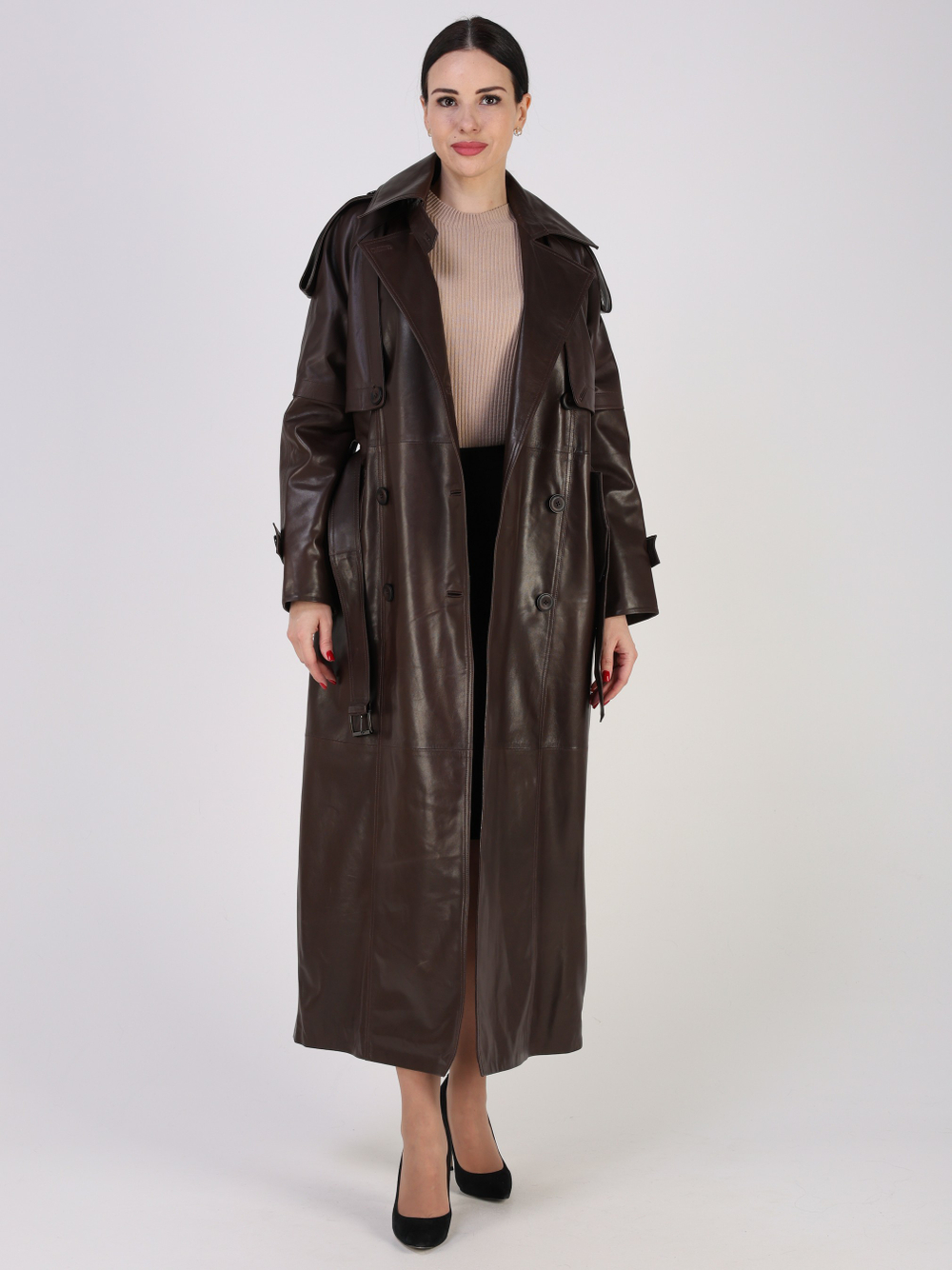 Тренч длинный кожаный с поясом плащ