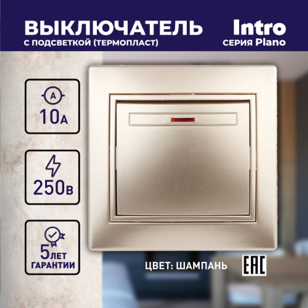 Выключатель Intro Plano 1-102-04 одноклавишный с подсветкой, 10А-250В, IP20, СУ, шампань