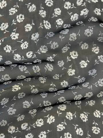 Шелк шифон черный с белыми цветами