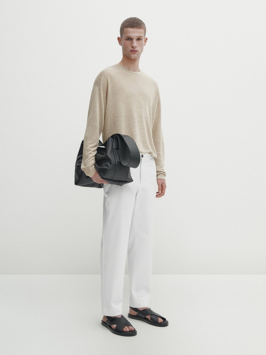 Massimo Dutti Льняной свитер с круглым вырезом, каменный