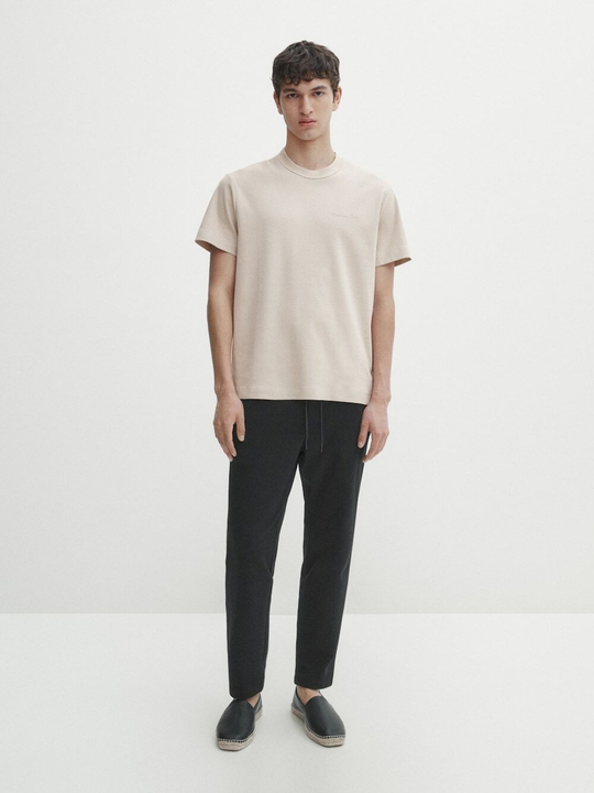 Massimo Dutti Хлопковая футболка с короткими рукавами, бежевый