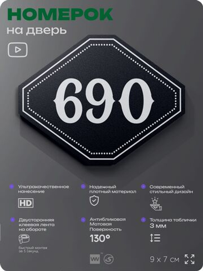 Номерок на дверь квартиры 690, для кабинета, офиса, шильдик 9 х 7 см, черный, Айдентика Технолоджи