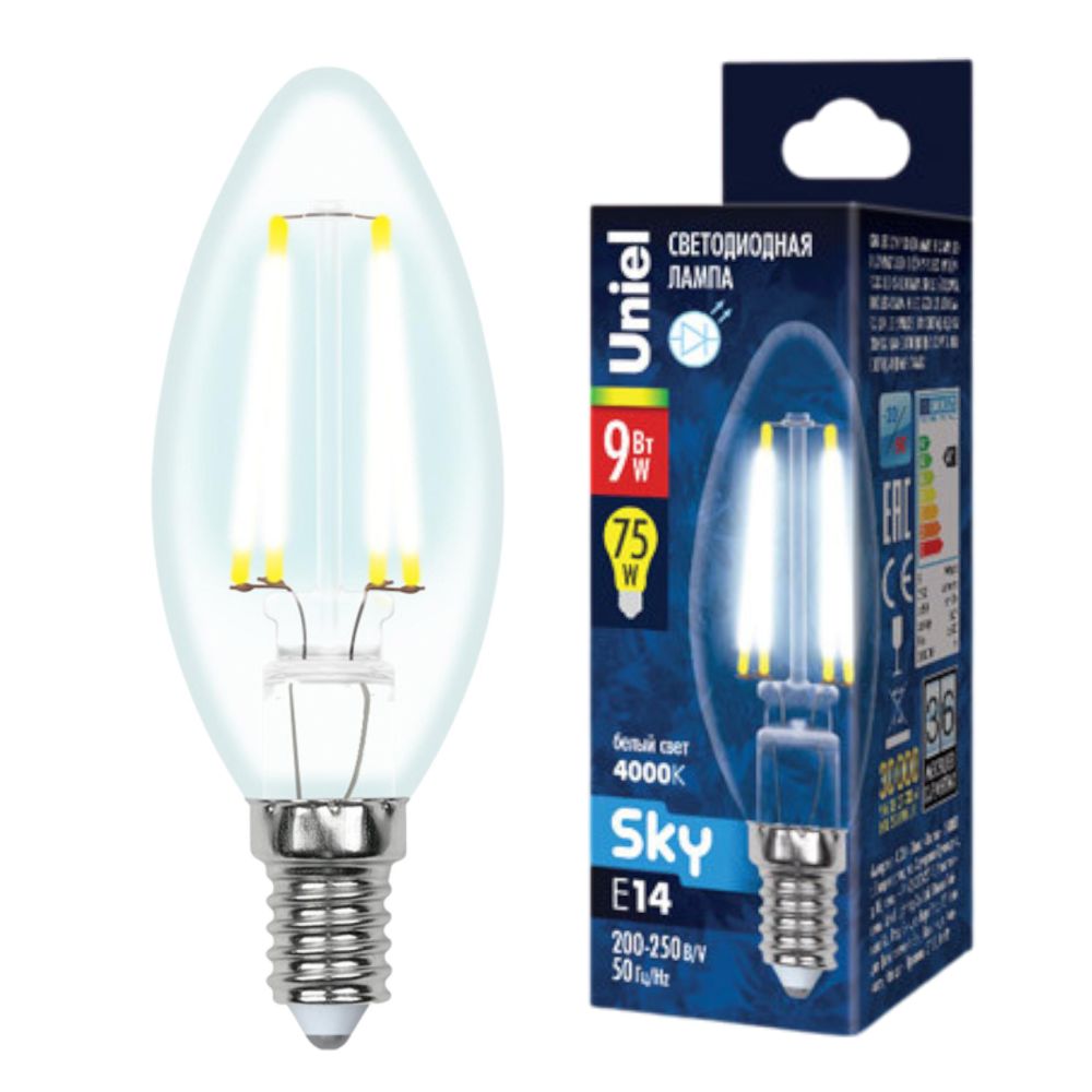 LED-C35-9W-4000K-E14-CL PLS02WH Лампа светодиодная. Форма свеча. прозрачная. Серия Sky. Белый свет 4000К. Картон. ТМ Uniel.