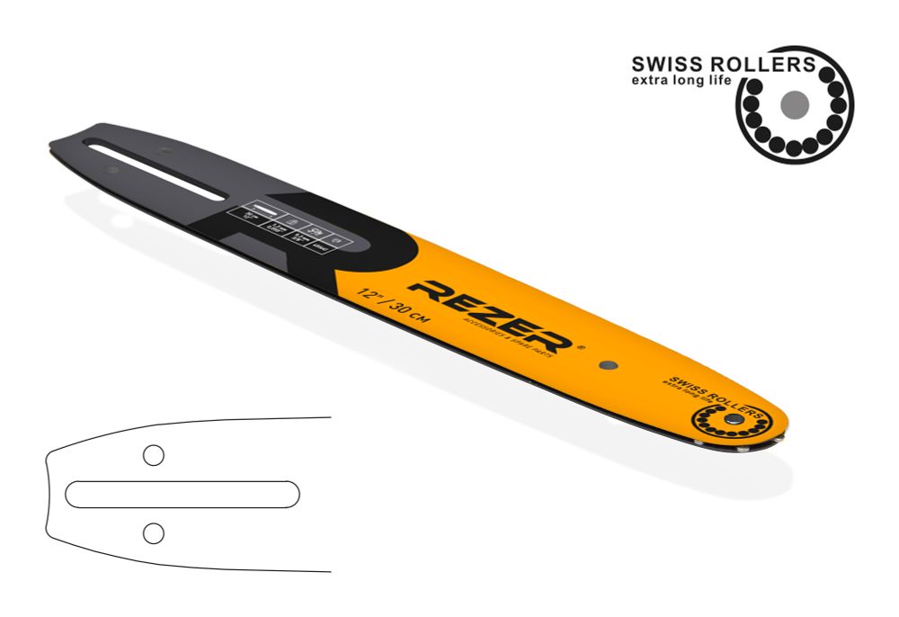 Длина шины, см: 30 (12”) Ширина паза, мм: 1,3 (0,050”) Шаг цепи, мм: 9,3 (3/8”)