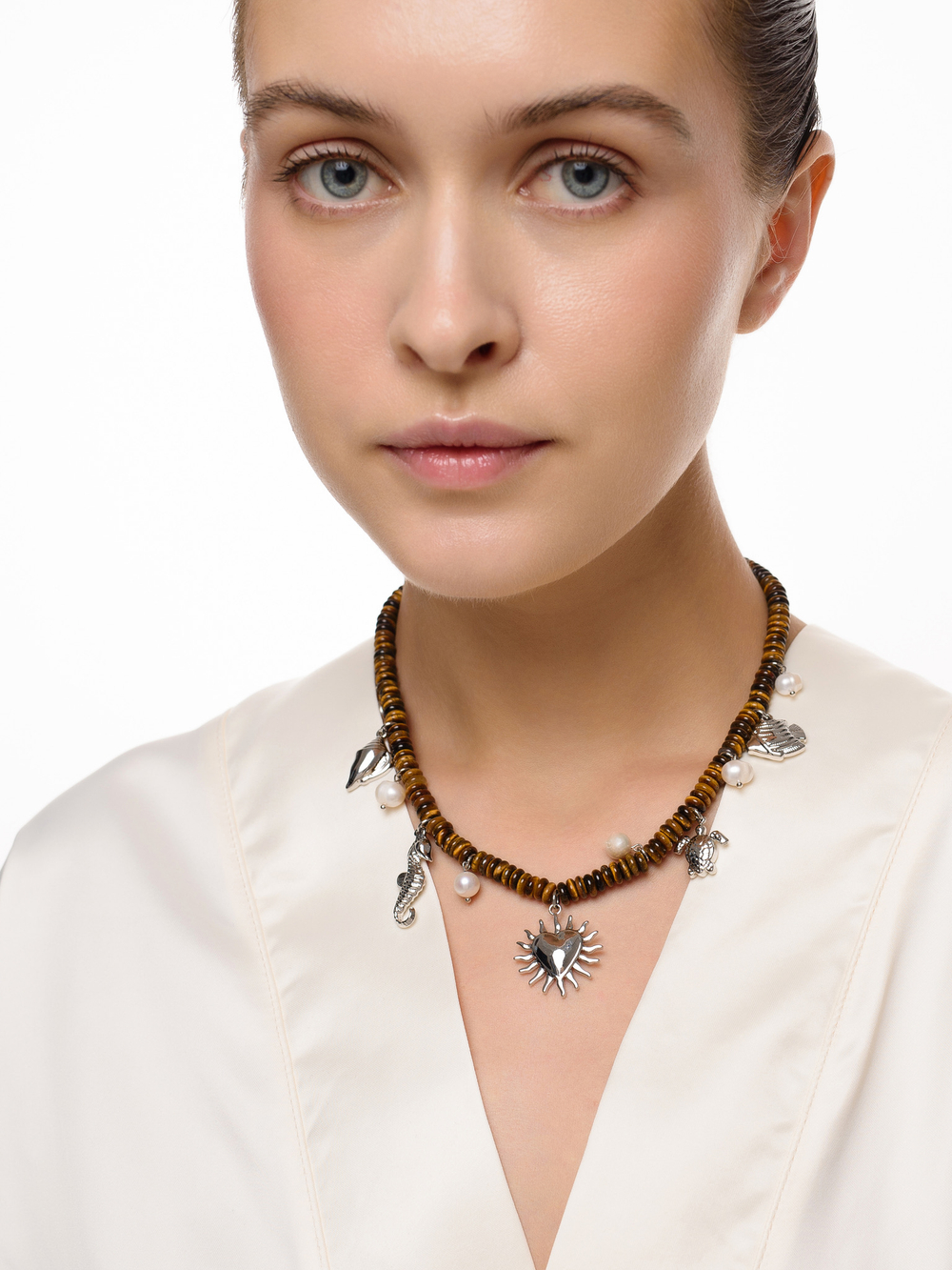 Колье "Mix marine animals" с тигровым глазом Silver