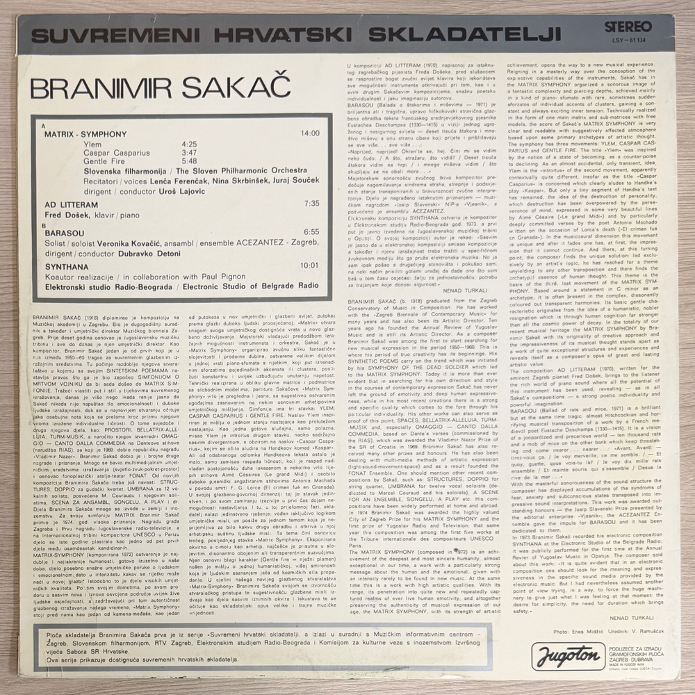 Branimir Sakač ‎– Matrix-Symphony / Ad Litteram / Barasou / Synthana (Югославия 1974г.) Т
