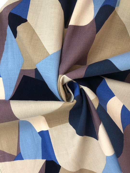 Плательная лен принт геометрия голубой, коричневый на бежевом BST3457