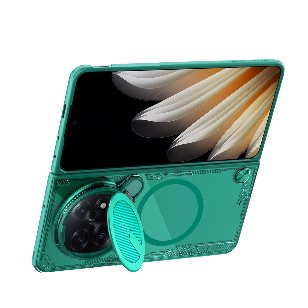 Чехол прозрачный зеленого цвета от Nillkin с металлической крышкой и поддержкой беспроводной зарядки MagSafe на OPPO Find N5, серия Iceblade Fold Magnetic