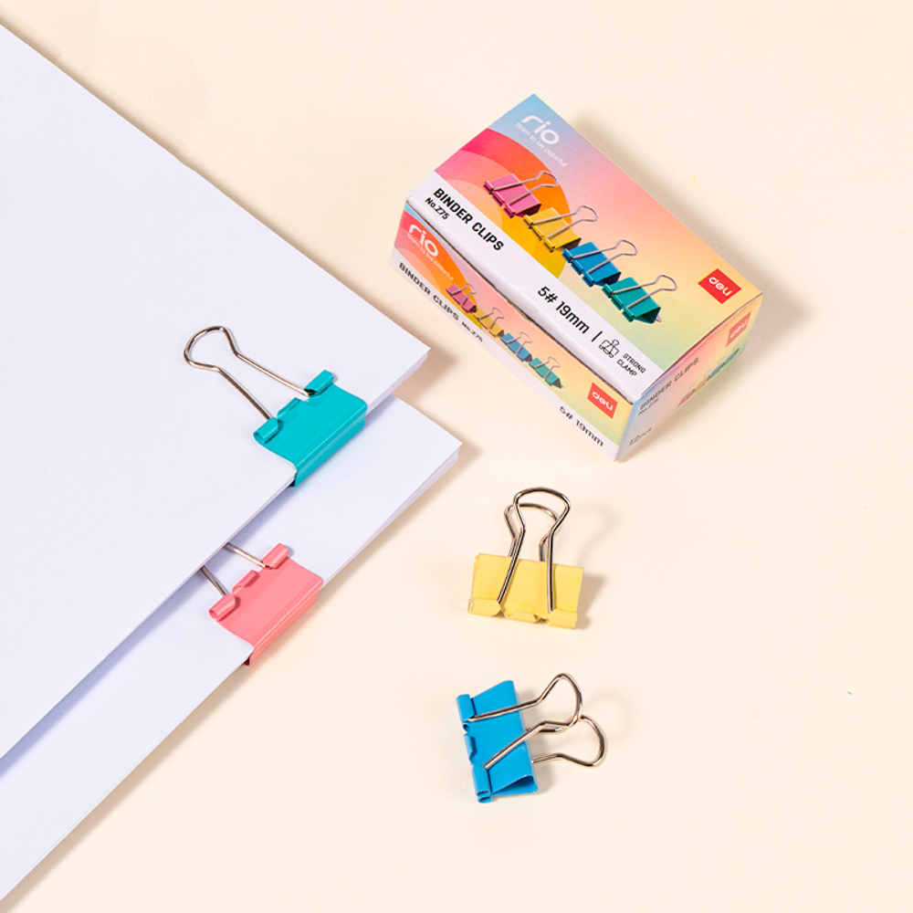 Зажимы для бумаг DELI "RIO", 19 мм, цветные, (12 шт.)