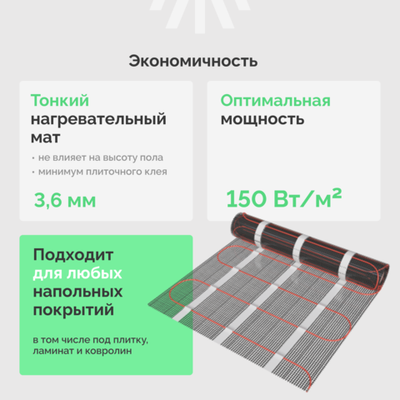 Теплый пол EWRIKA MAT EWR 150-10 самоклеящийся, под плитку, под паркетную доску, под керамогранит