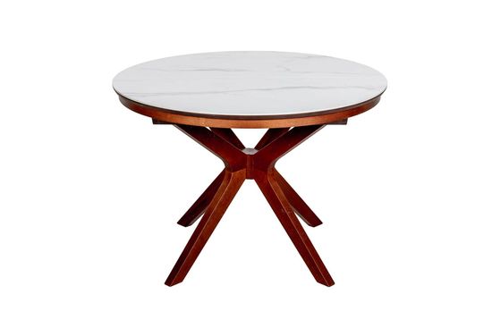 Комплект Стол VERONA 1100 CC с раздвижной круглой столешницей, керамика Snow White + 4 стула FANO-F с мягкой вставкой в деревянной спинке / Американский орех